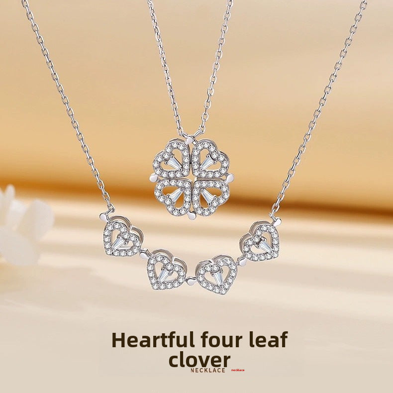 925 Sterling Silver Four-leaf Clover One Ornament Two-leaf Necklace Elegant Tassel Pendant Collarbone Chain Birthday Tanabata For Girlfriend